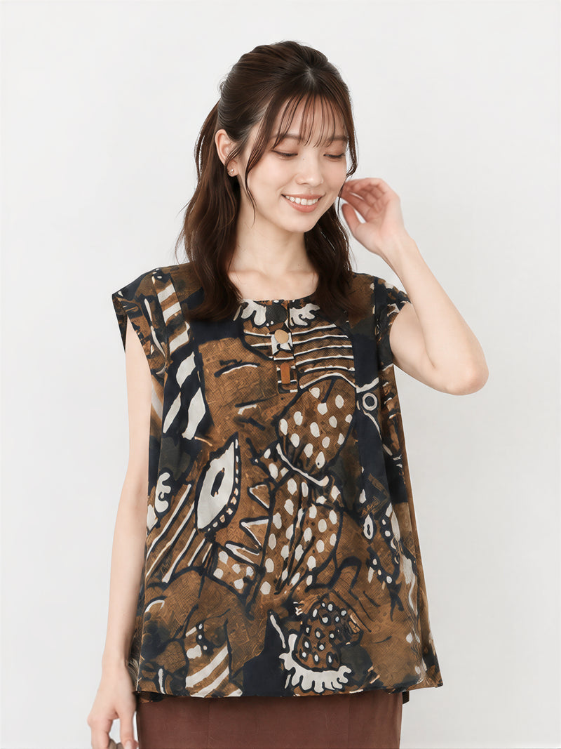 M~2XL ゆったりAライン裾 プリントノースリーブシャツ