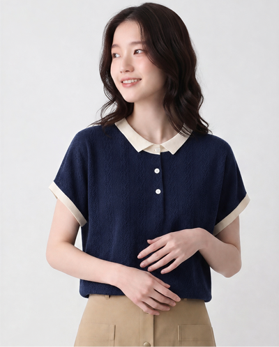 【全2色】M~XL 配色襟ジャカードPOLOシャツ