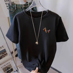 シンプル クルーネック ポニー刺繍Tシャツ