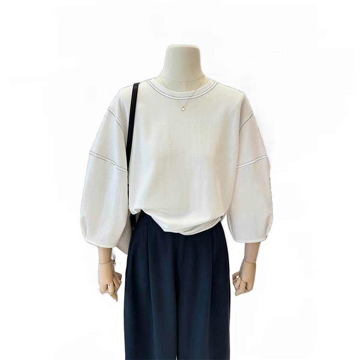 【全2色】M~XL 配色ステッチ パフスリーブスウェット