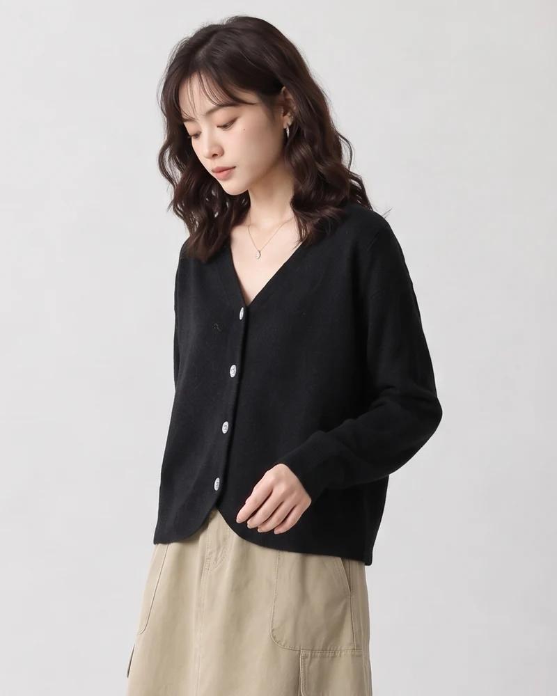 【全3色】S-2XL Vネック ラウンドヘム ゆったりニットカーディガン