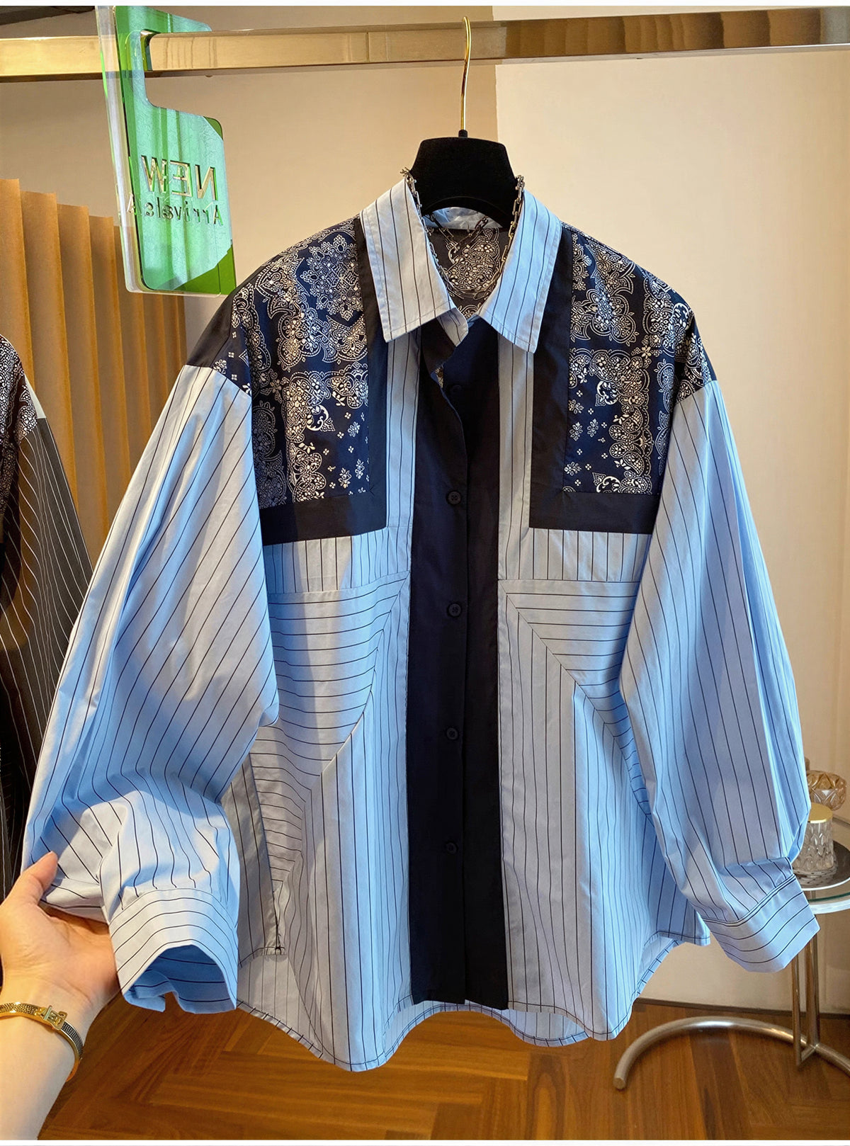 【秋新作】L~4XL 切り替えストライププリントシャツ