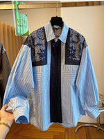 【秋新作】L~4XL 切り替えストライププリントシャツ