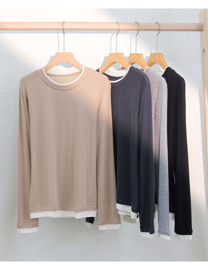 【秋新作】ラウンドネック レイヤード風 スリム見え フェイクツーピースTシャツ