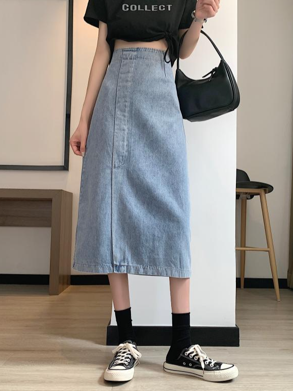 ハイウエスト スリット入り ストレート デニムスカート