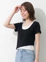 配色切り替え スリム見え フェイクレイヤード 半袖Tシャツ-ブラック-L
