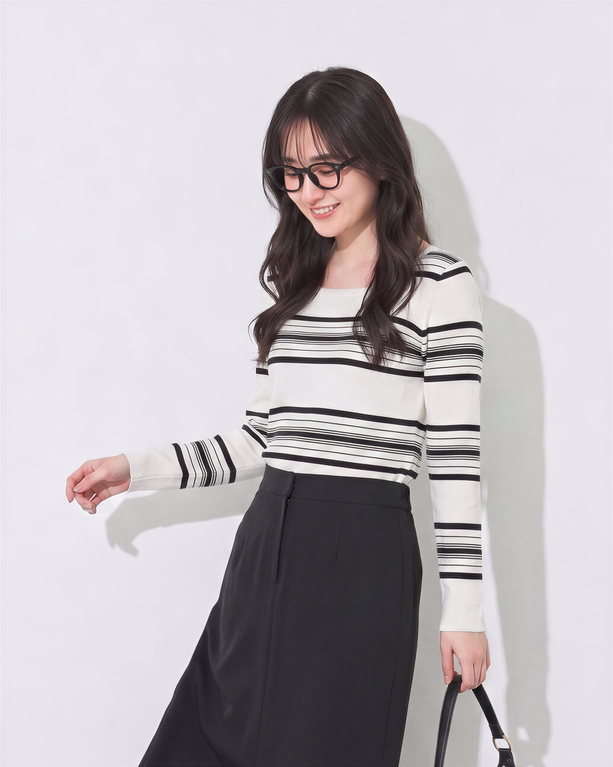 M~2XL スクエアネック スリムフィット ボーダーニット