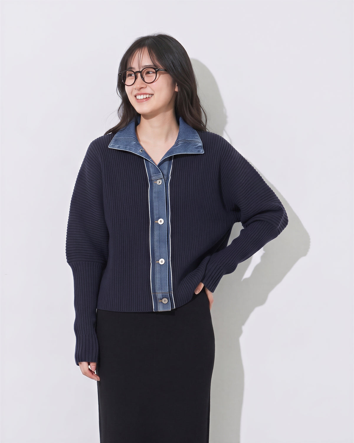 デニム切り替え スタンドカラー フェイクレイヤード ニットアウター-ダークブルー-2XL