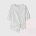 ツイストデザイン 不規則ヘム パフスリーブ 半袖Tシャツ