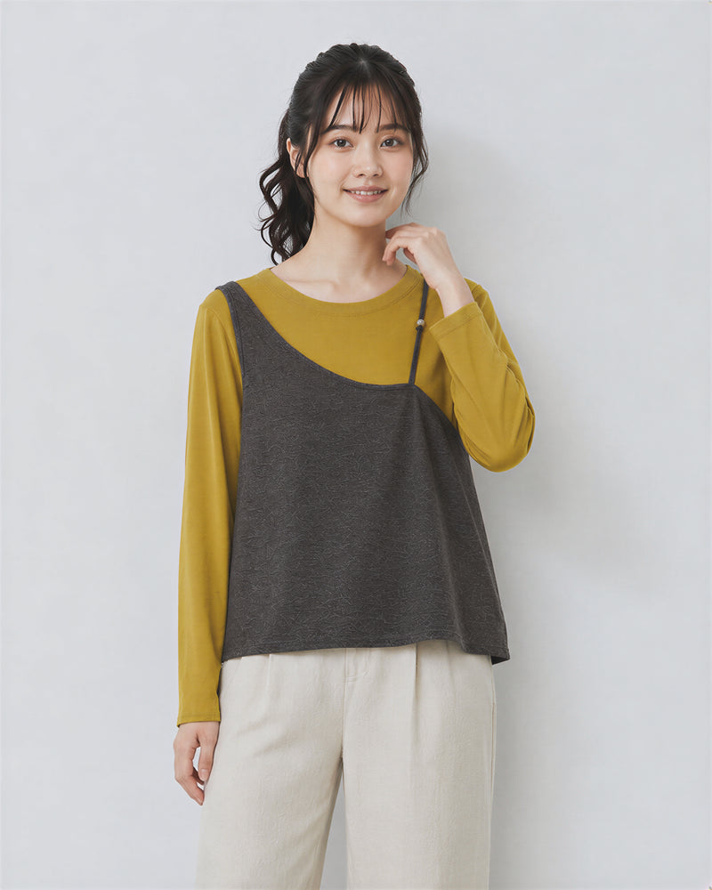 L~4XL レイヤード風 ゆったり アシンメトリー フェイクツーピースTシャツ
