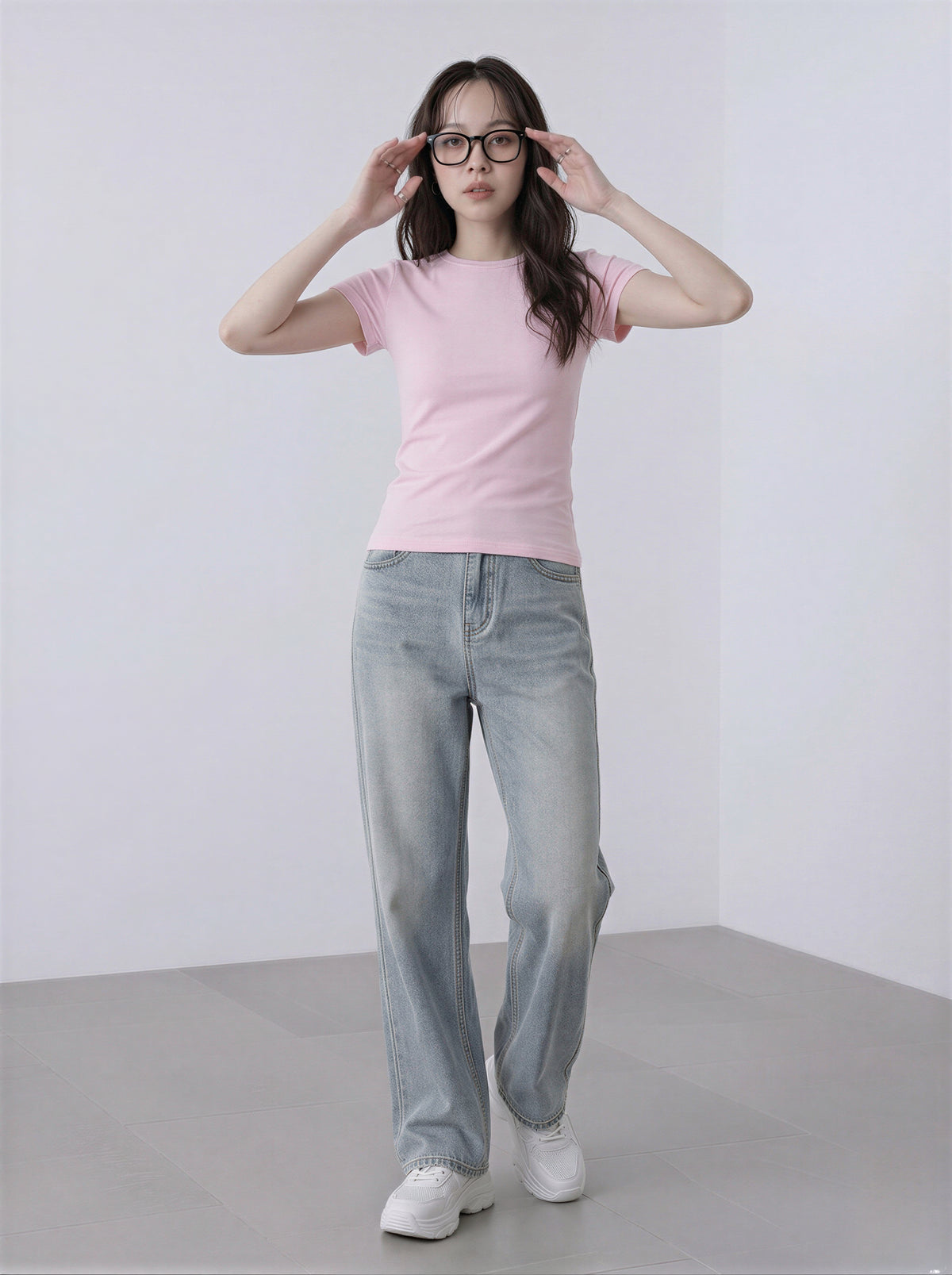 美シルエット見え クルーネック 半袖Tシャツ