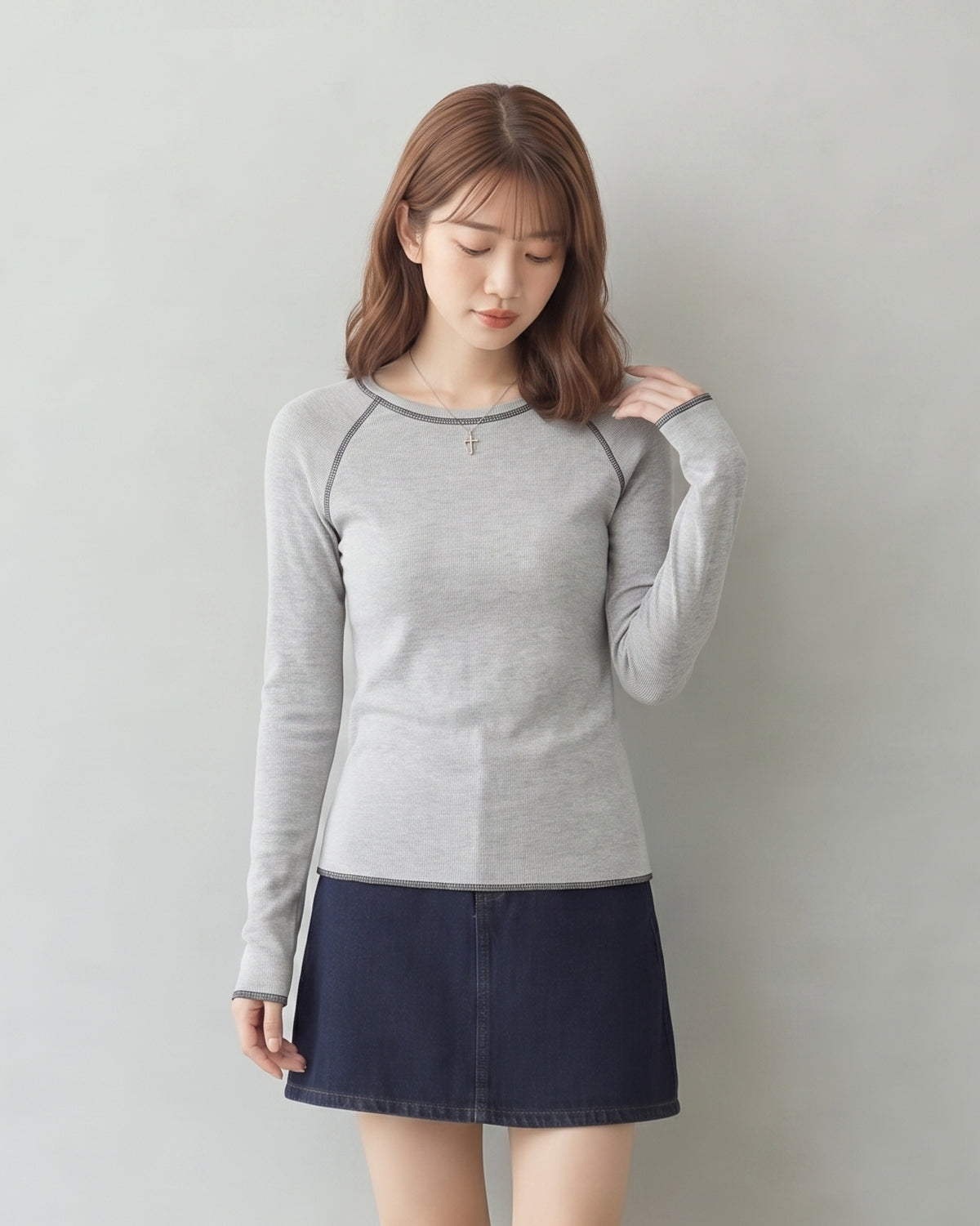 【秋新作】S~XLスリム配色トリム ラグランTシャツ