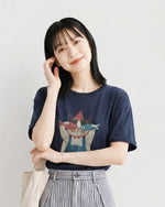 ゆったりドロップショルダー 遊び心プリント半袖Tシャツ-ブルー-XL