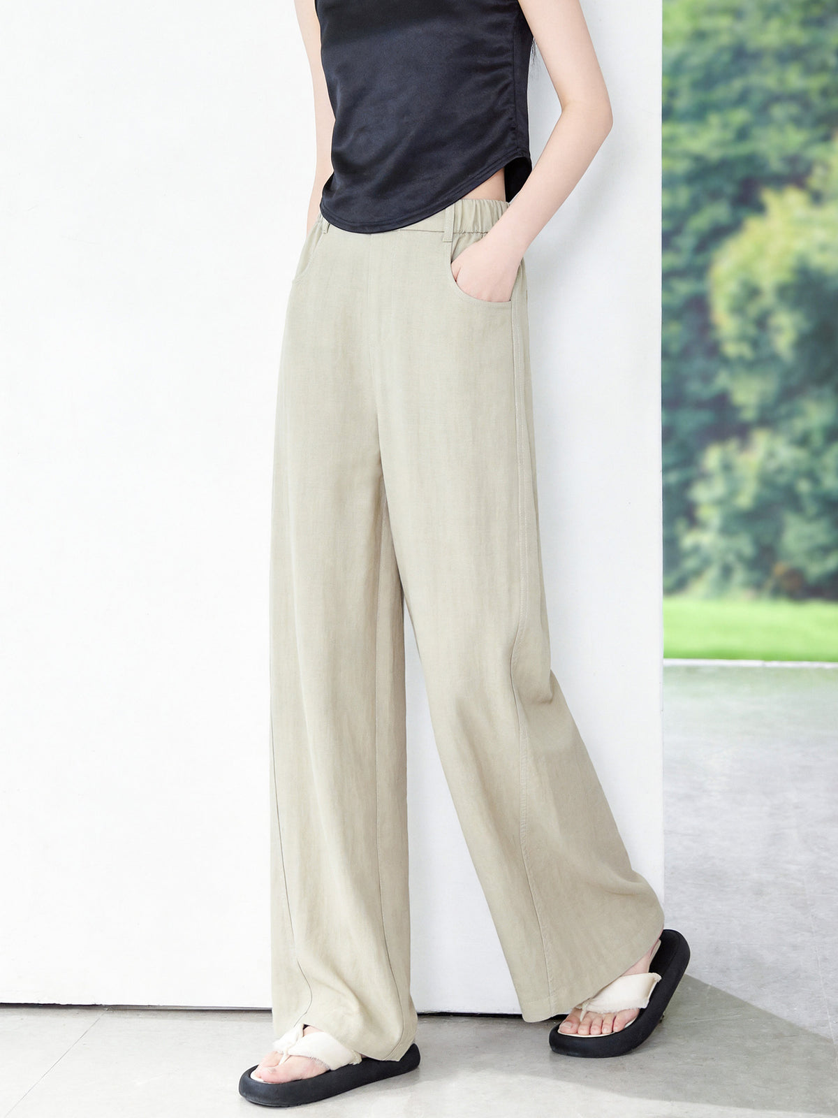 テンセルリネンのワイドレッグパンツ   ハイウエスト ストレート 落ち感ワイドパンツ