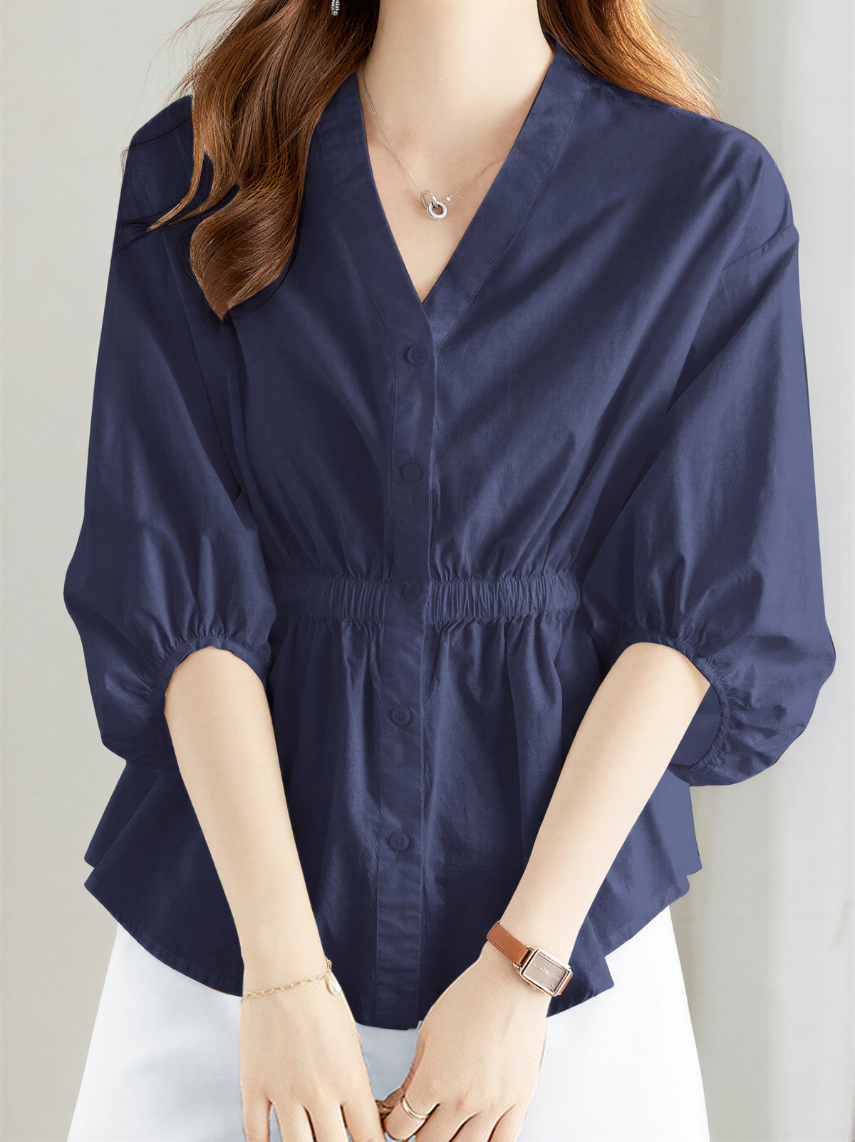 Vネック ウエストシェイプ パフスリーブ ドールブラウス-ブルー-2XL