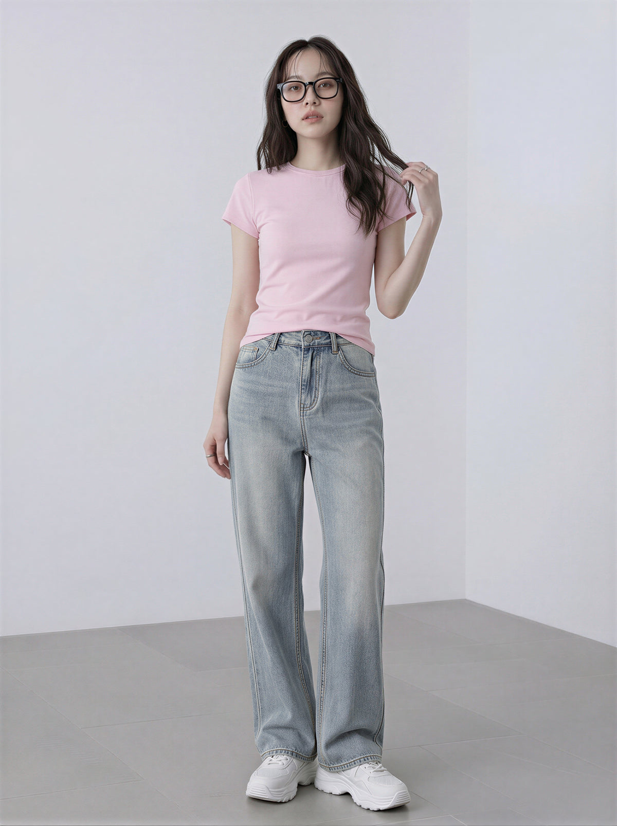 美シルエット見え クルーネック 半袖Tシャツ