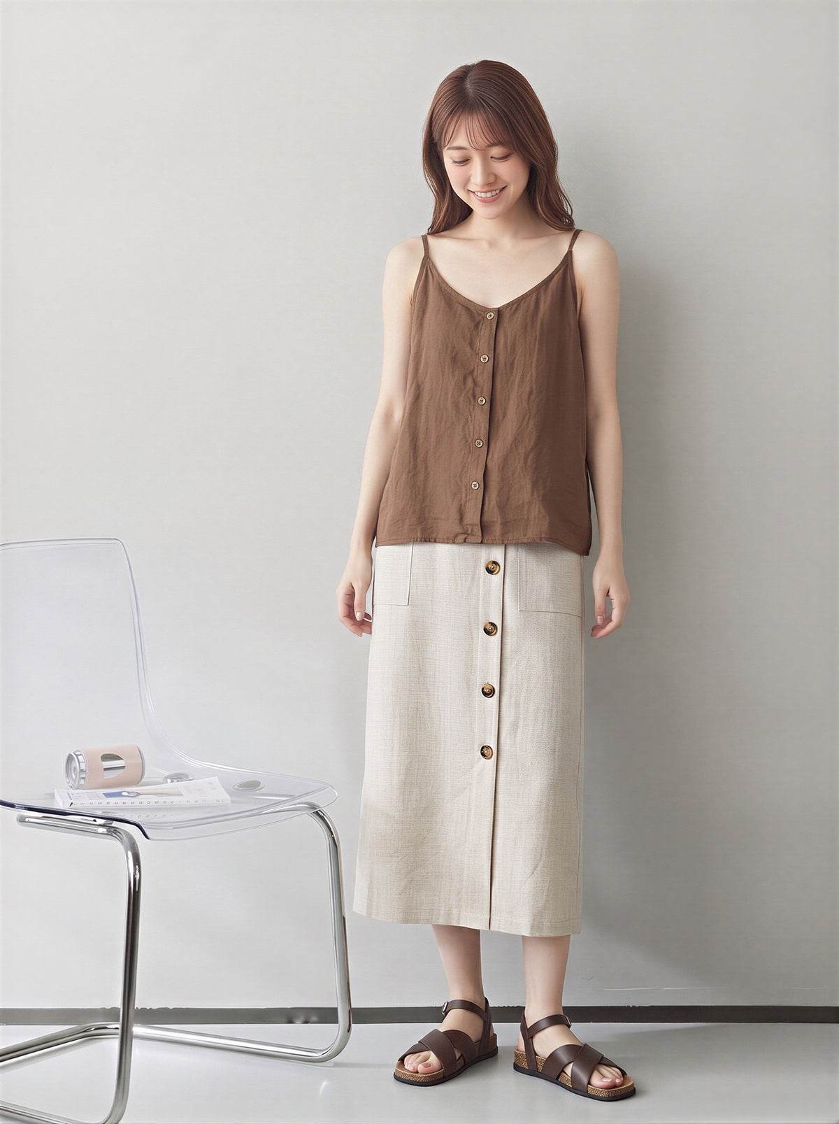 細ストラップ フロントボタン ゆったり キャミソールタンク