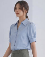 ビッグカラー パフスリーブ 半袖シャツ-サックス-XL