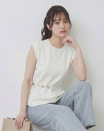 ショルダーパッド入り ノースリーブ ウエストシェイプボタン アシンメトリーヘムTシャツ