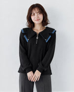 M~4XL ジップVネック フリル フェイクレイヤード スウェット