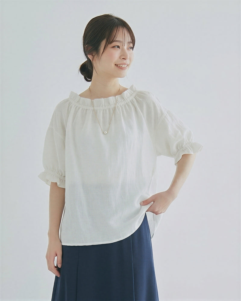 フリルカラーのゆったりブラウス-ホワイト-2XL