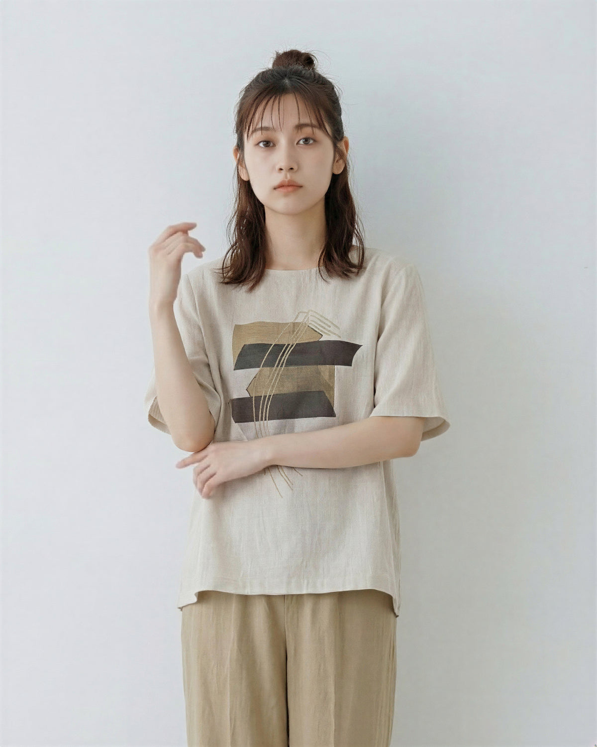 アブストラクト柄 ゆったり クルーネック プルオーバー-ライトベージュ-2XL