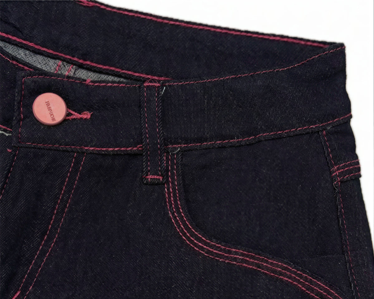 S~XL ハイウエスト 配色ステッチ ワイドデニムパンツ
