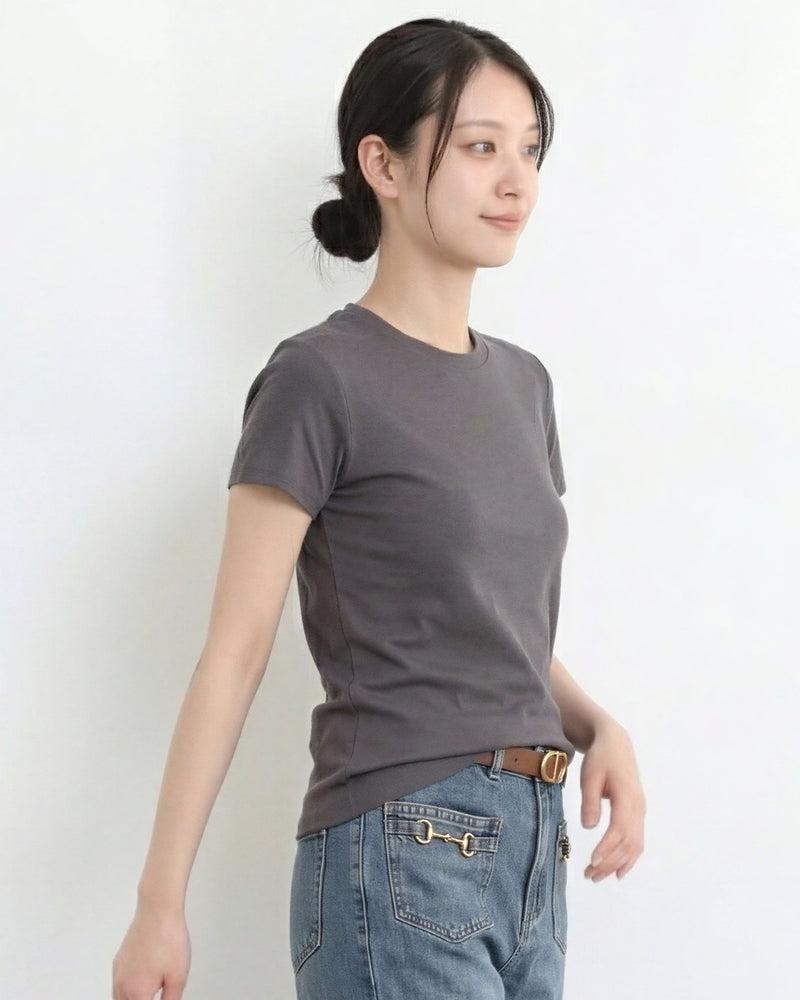 ウエストすっきり見え ラウンドネック 半袖Tシャツ