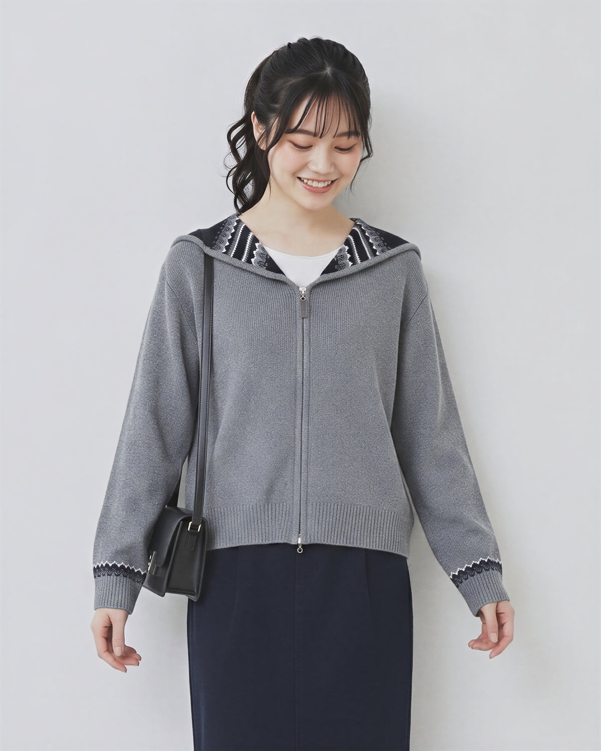 【秋新作】S~2XL フード付きジャカード ダブルジップ カーディガンニット