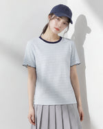 ライトブルー 配色ラウンドネック 波柄テクスチャーTシャツ