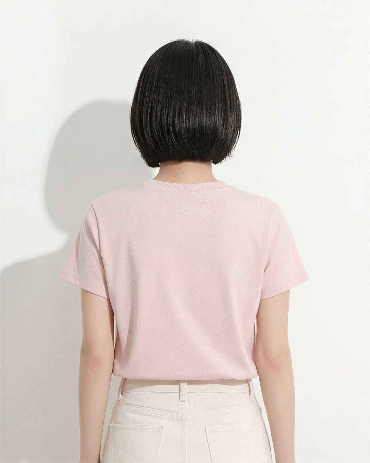 ライトピンク フルーツプリント クルーネック半袖Tシャツ