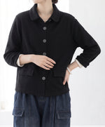 襟付きシングルボタンのゆったりジャケット-ブラック-2XL