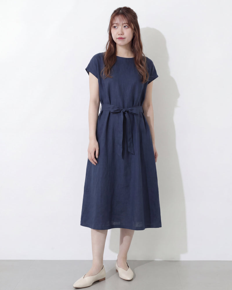 ウエストリボン付き クルーネック コットンリネン ミモレ丈 半袖ワンピース-ダークブルー-2XL