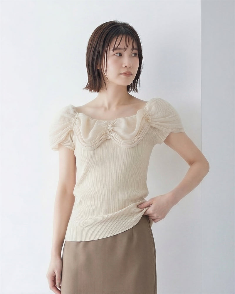オフショルダー スクエアネック ギャザー パフスリーブ 半袖Tシャツ-ライトベージュ-L