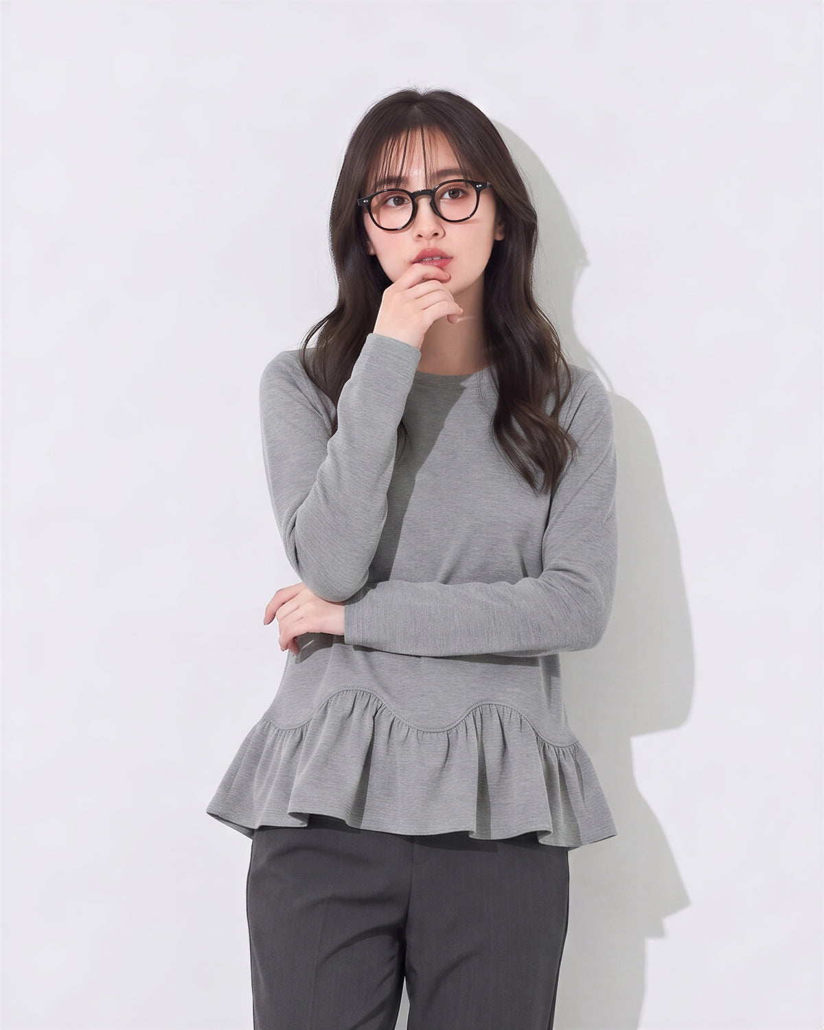 S~2XL ウエストシェイプ ペプラム裾 長袖Tシャツ