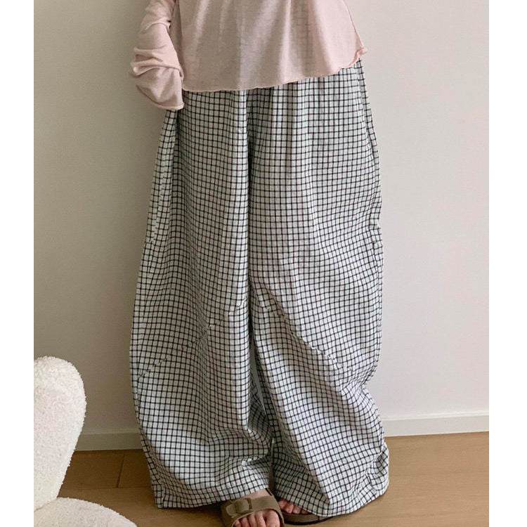 【秋新作】【全4色】S~XL ゆったりワイドシルエットのチェック柄スウェットパンツ