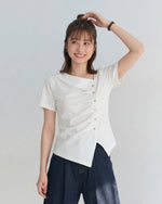 斜め前立てタック入り アシンメトリーヘム 半袖Tシャツ-ライトベージュ-4XL