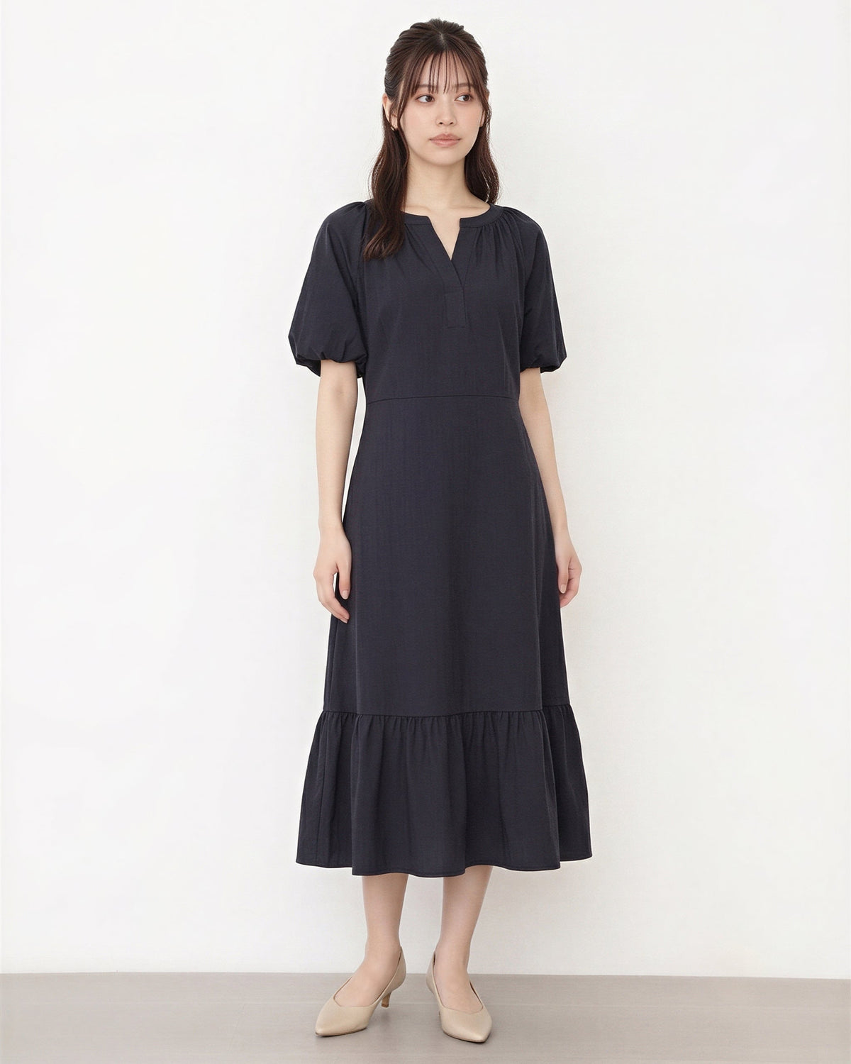 ウエストマークリボン フリルヘム Vネックワンピース-ダークブルー-XL