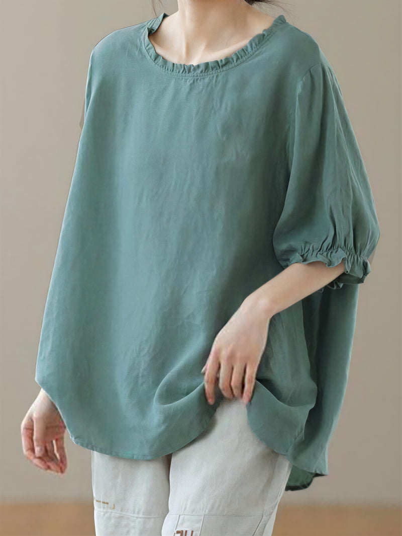メローフリル襟 ラウンドネック ゆったりTシャツ-グリーン-3XL