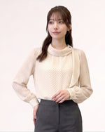 S~XL ドット柄 フリルハイネックブラウス