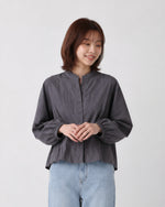 S~XL スタンドカラー ウエストシェイプ バルーンスリーブブラウス