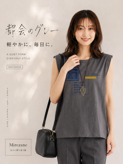 M~5XL ゆったりストレートシルエット プリントノースリーブタンクトップ