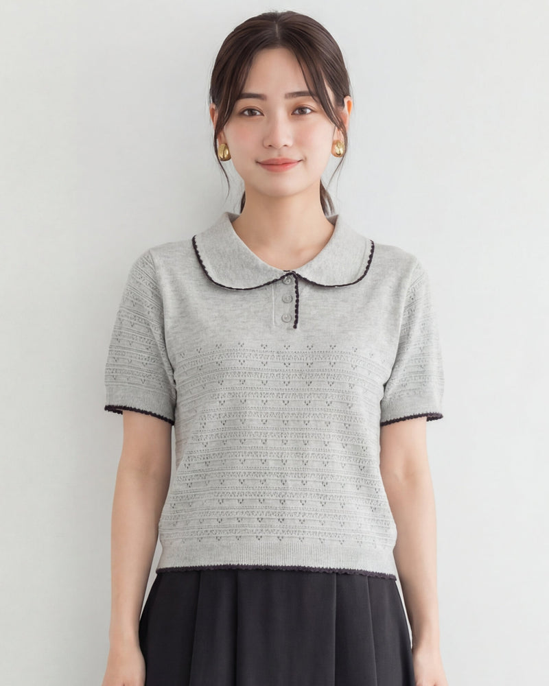 配色パイピングのポロ襟 透かし編み柄 ほどよくシェイプするニットTシャツ-アッシュグレー-FREE