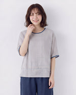 細ストライプ ゆったり クルーネックTシャツ-ブルー-2XL