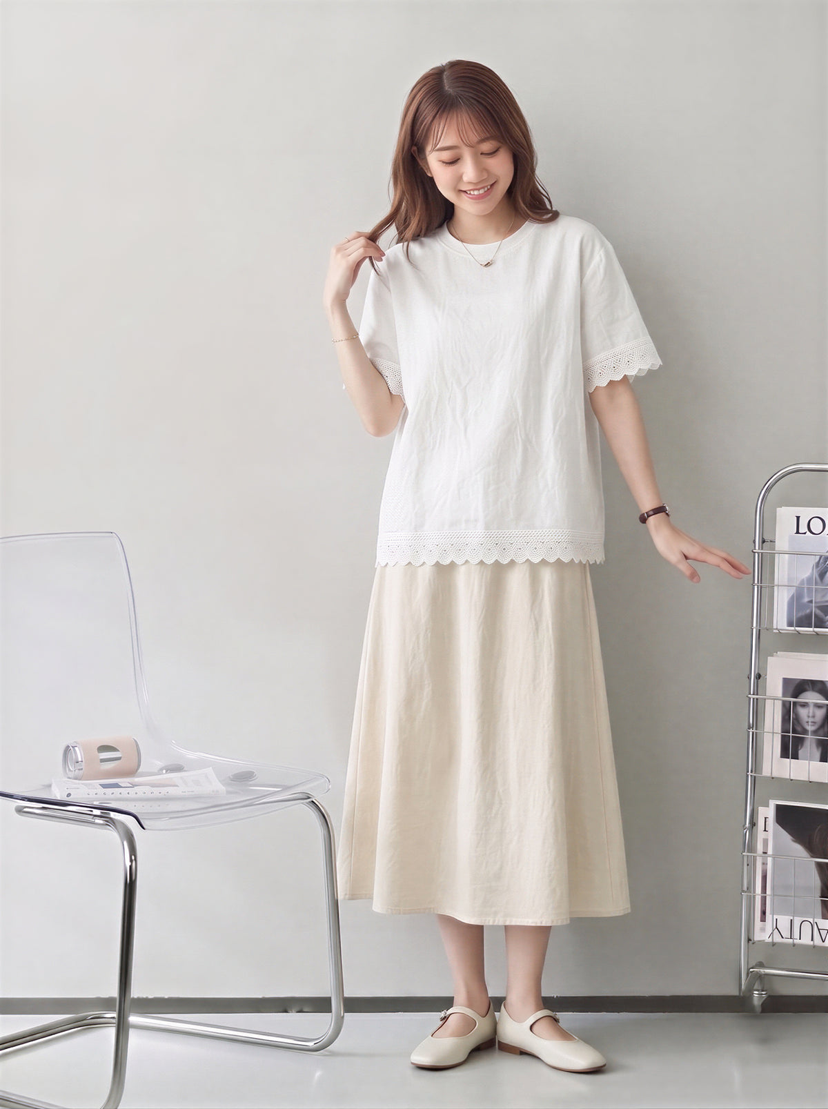 M-2XL カットワークレース ラウンドネック 半袖Tシャツ