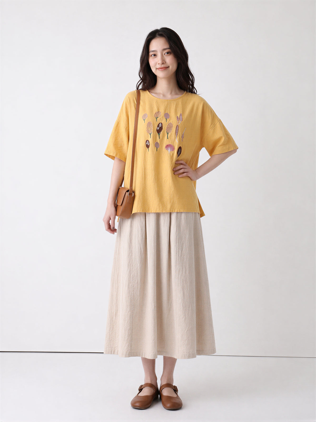 【全3色】M~2XL 刺繍デザイン ゆったり クルーネックTシャツ