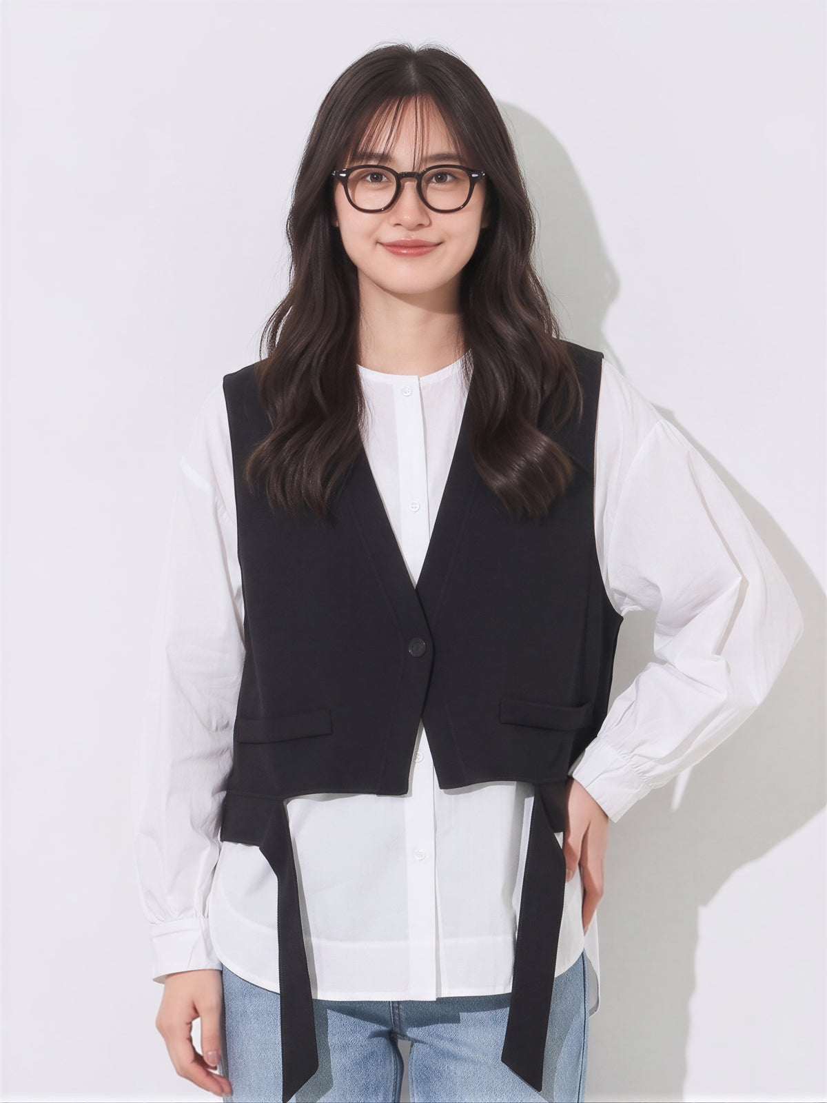 ブラック Vネック ロングリボン ベストシャツ 2点セット-ブラック-2XL
