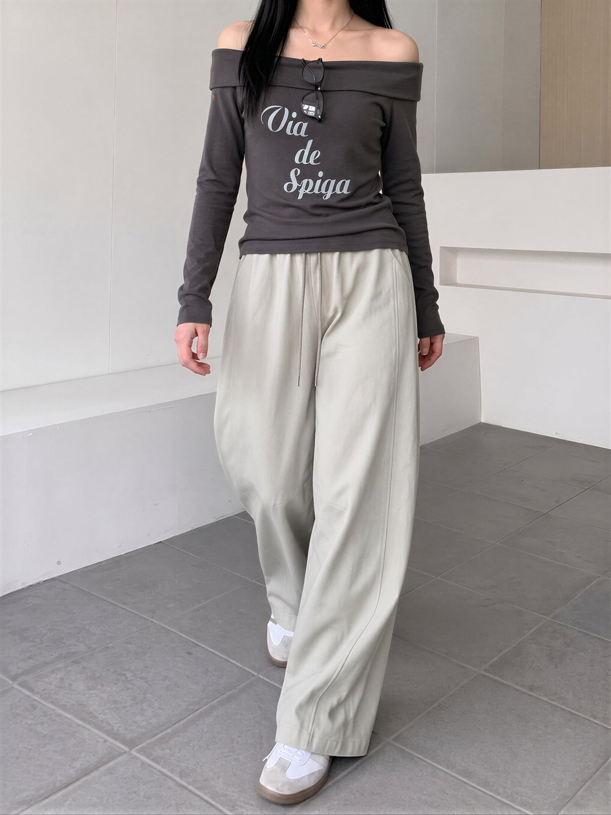 【全4色】M~XL ハイウエスト ドローストリング 裾だまりワイドパンツ