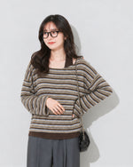 【全2色】S~XL アシンメトリーショルダー 肌見せ ボーダー フェイクレイヤードTシャツ