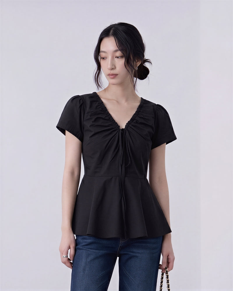 ギャザーVネック ウエストシェイプ ペプラムブラウス-ブラック-4XL